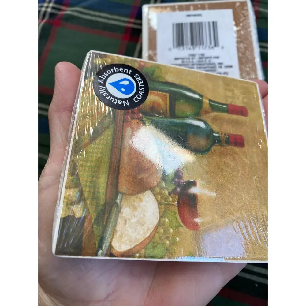 BRAND NEW Set of 4‎ Wine Themed Cork-Backed Stone Coasters
